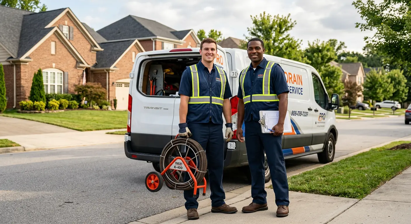 Sewer and drain service team with equipment ready for work in Beckett Ridge