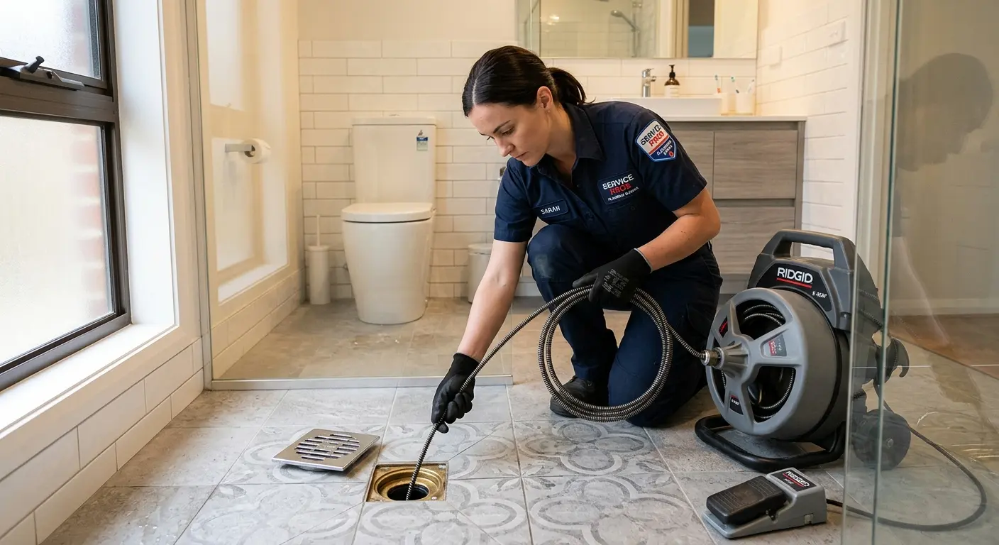 Technician clearing a bathroom floor drain for Hydro Jetting in Beckett Ridge